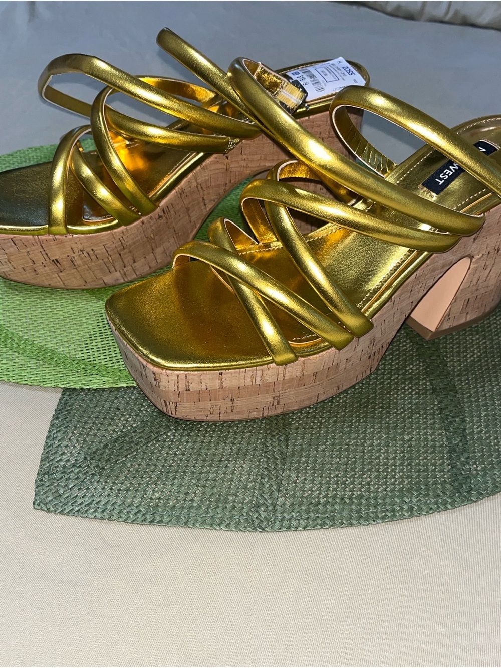 Nine West Metallic Gold Strappy Cork Platform Sandals